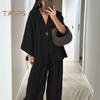Dámský bavlněno-lněný dvoudílný outfit s dlouhým rukávem, top s výstřihem do V a zapínáním na knoflíky, široké kalhoty, ležérní souprava na doma