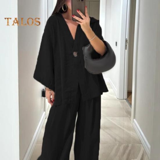 Dámský bavlněno-lněný dvoudílný outfit s dlouhým rukávem, top s výstřihem do V a zapínáním na knoflíky, široké kalhoty, ležérní souprava na doma