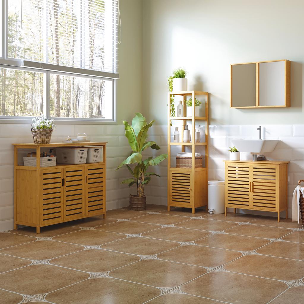 Bathroom Cabinet, Freestanding, 3 Shelves, Narrow & Tall, Louvered Door, 36 x 33 x 140 cm