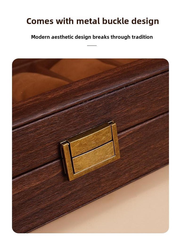 Exquisite Vintage Wood Grain Leather Watch Box with Dustproof Glass Lid for Wristwatch Display and Storage.