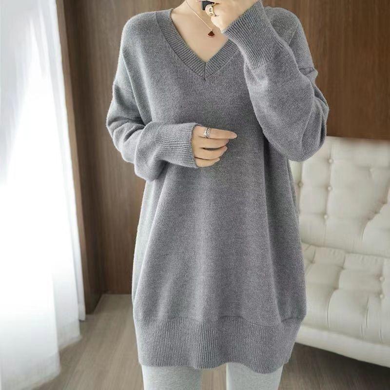 

Женские простые однотонные свободные вязаные пуловеры осень-зима универсальные длинные рукава V-образный вырез миди свитера женская одежда XL серый