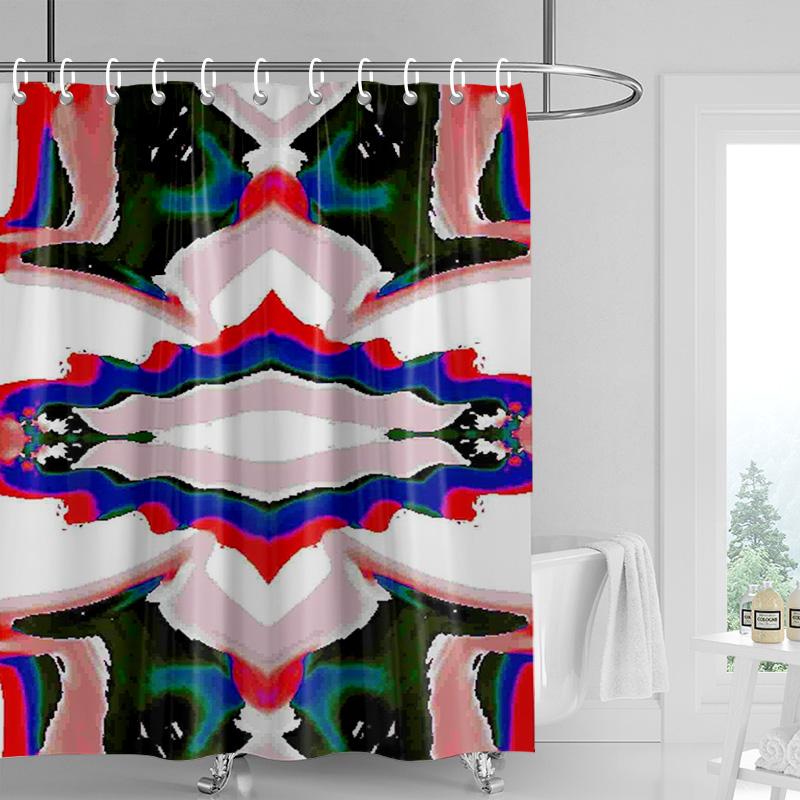Abstract Symmetrical Shower Curtain-bright Red with Multi-color Geometric Pattern, Modern Bathroom Decoration
