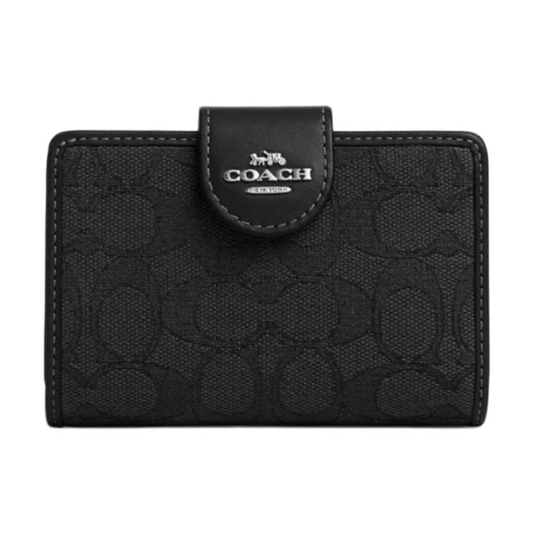 Coach Corner Zip 13 Logo Snap Closure Jacquard Leather Wallet Women wallet Black CU402-SBKBK Black