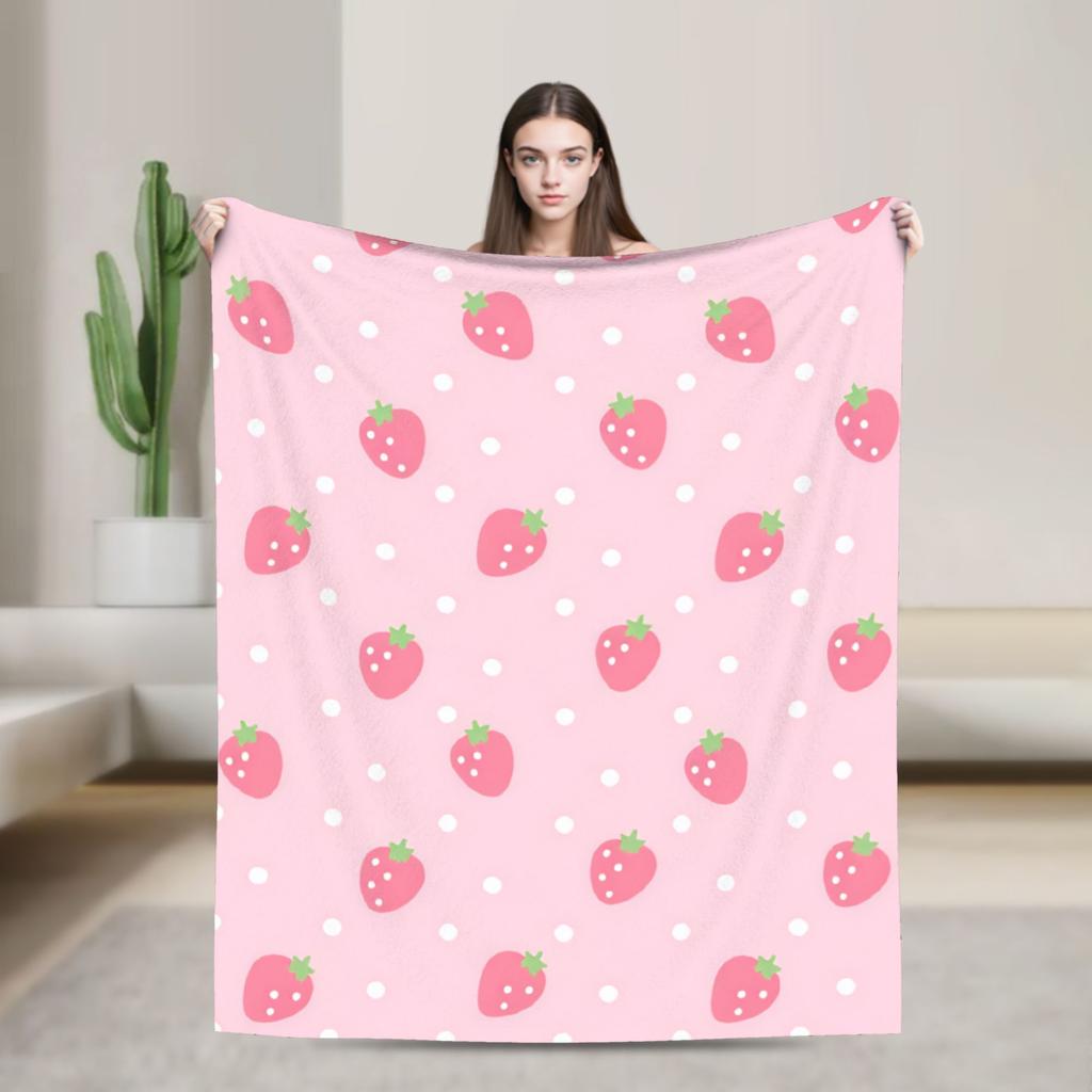 Pink Strawberry Blanket Warm Soft Funny Plush Throw Blanket For Couch Bed Decorative Flannel Bedspread Bed Cover