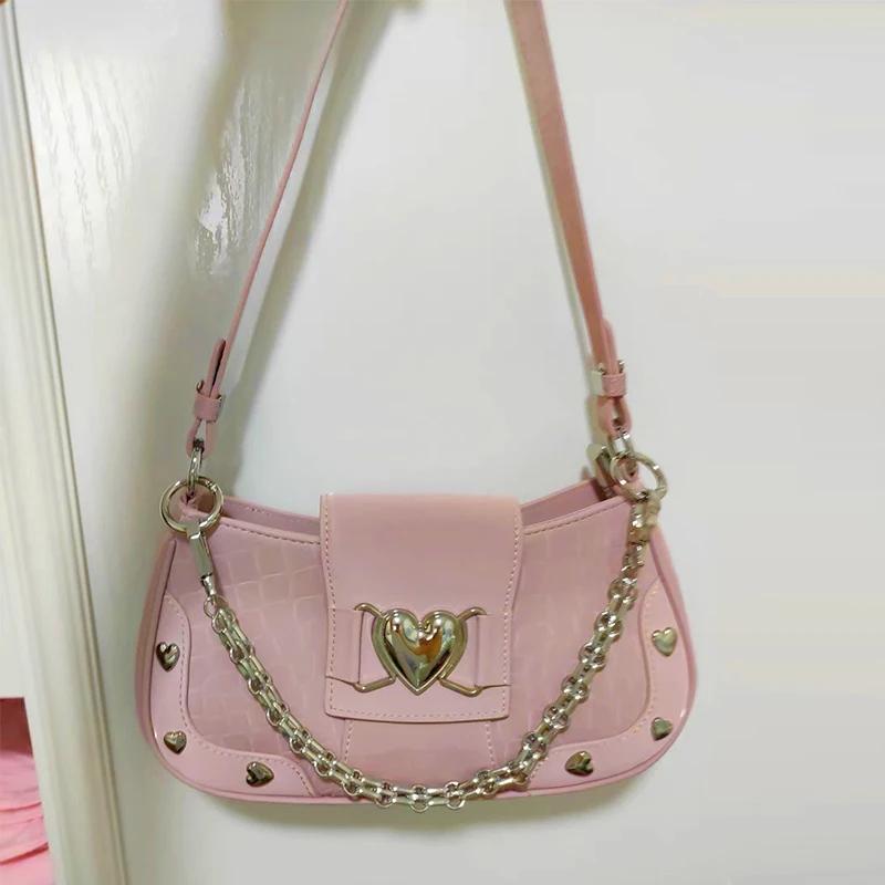 Heiße Mädchen Handtasche Frauen Vintage Süße Kühle Herz Kette Rosa Unterarm Tasche Weibliche Fairycore Ästhetische Schulter Tasche Neue Kette