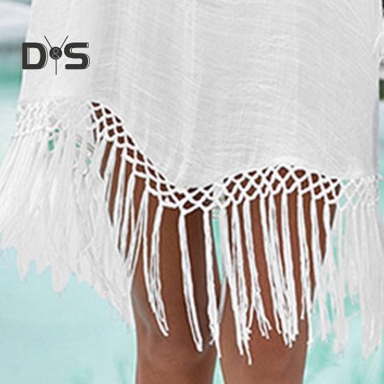 Beach Cover Up Dress V-Neck Woven Hollow Neckline Fringed Cuffs Hem Bikini Cover Up UV Protection Beach Dress