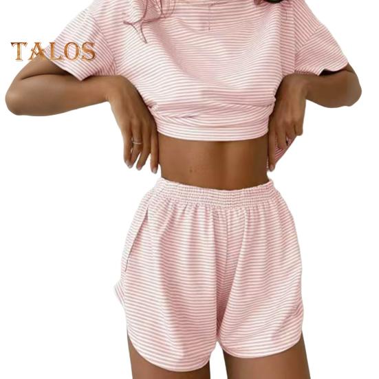 2 Teile/satz Sommer Homewear Top Und Hosen Anzug Gestreiften Pyjamas Lose Nachtwäsche Kurzarm T-shirt Elastische Taille Schlitz Shorts Set