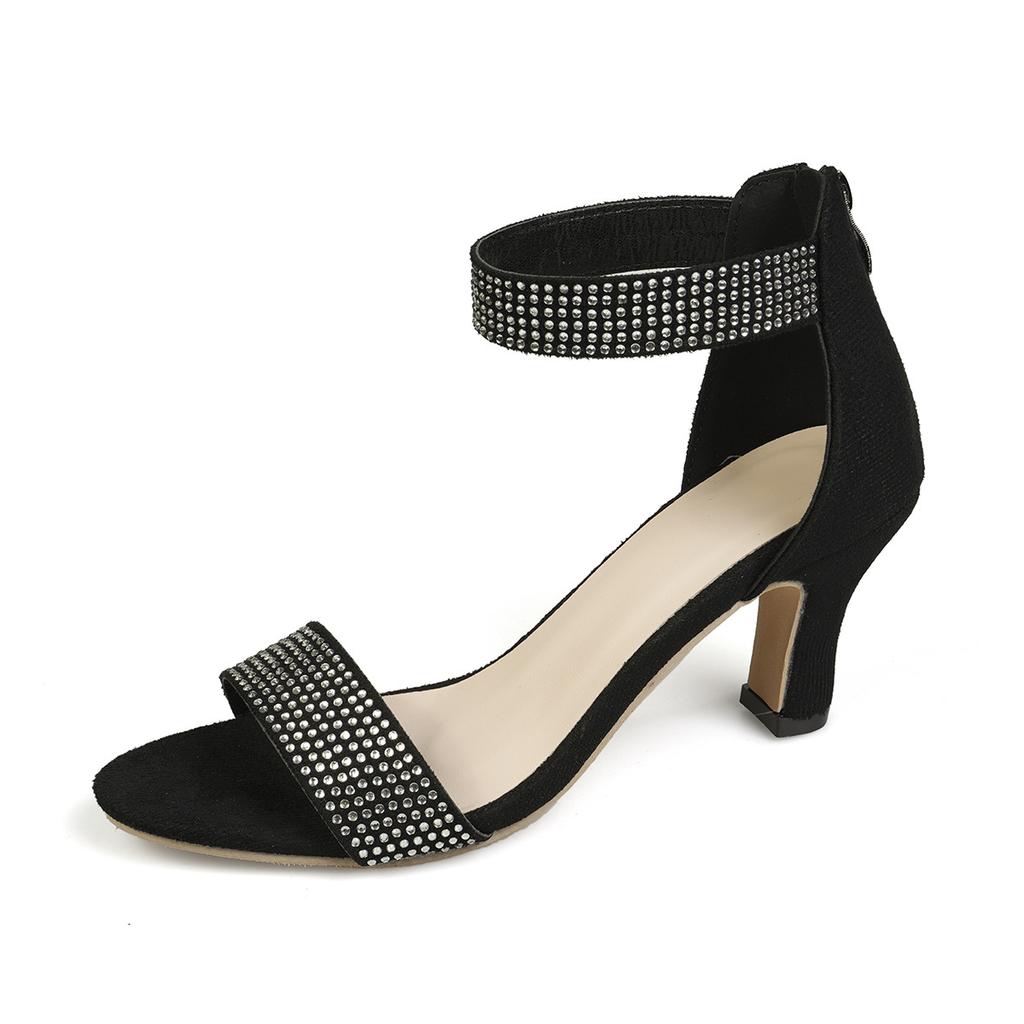 Fashion High Heel Rhinestone Summer Sandals for Women Large Size Open Toe Cover Heeled Ladies Shoes Black Suede Back Zip Sandales Femmes
