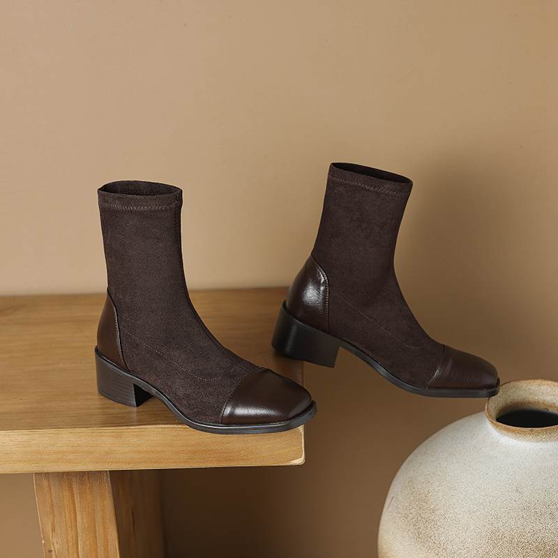 Krazing Pot Microfiber Flock Autumn Winter Shoes Thick Med Heels Size 43 Elastic Boots Stretch Patch Work Ankle Boots