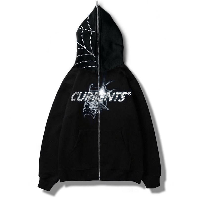 Sweat à capuche unisexe Y2k zippé vintage hip hop punk imprimé manches longues strass ample décontracté automne hiver streetwear
