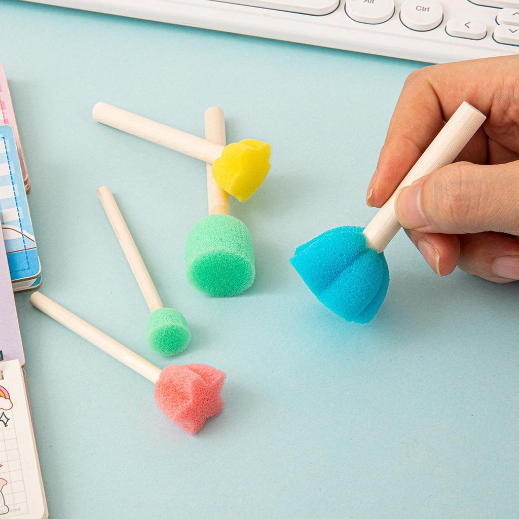 Kids' Flower-Shaped Sponge Stamps & Natural Wood Brushes Set for DIY Art