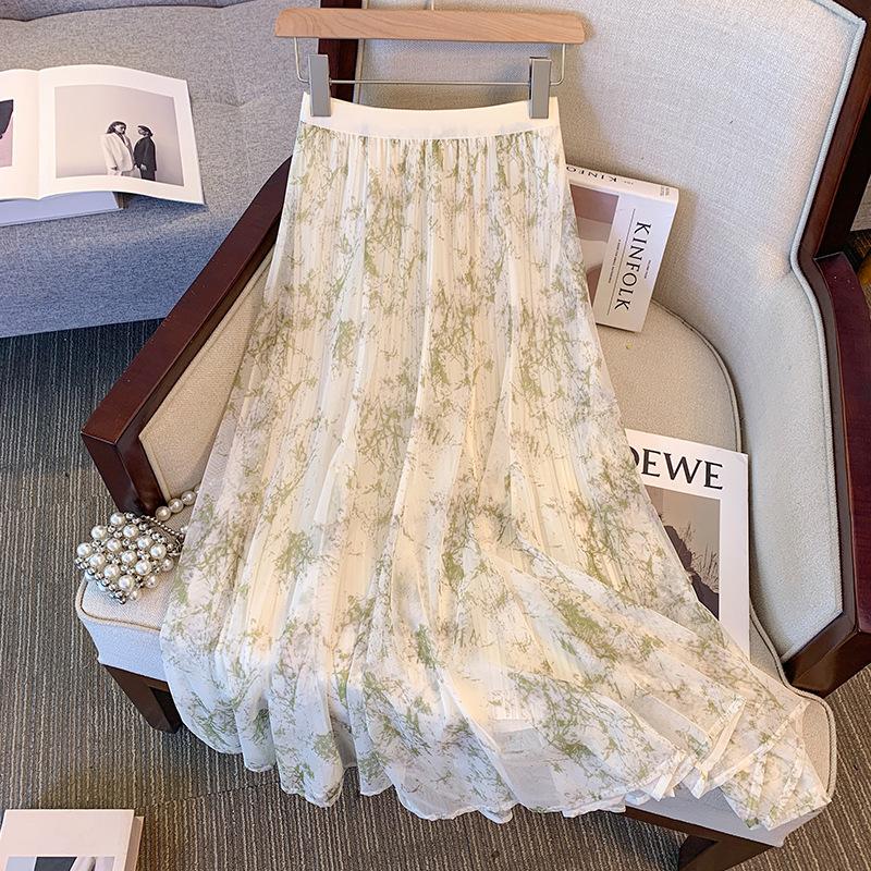 

Qooth Spring Summer Chinese Ink Wash Print A Line Skirt Chiffon Printed Vintage Ankle Length Skirt QT2603 One Size зелений