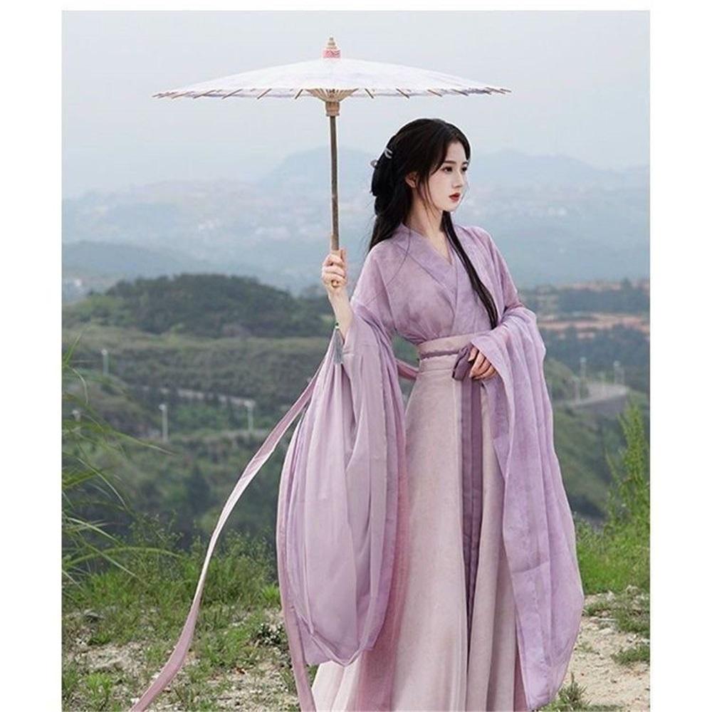 Elegant Hanfu Women Cross Collar Chinese Style Dance Dress For Wei And Jin Dynasties