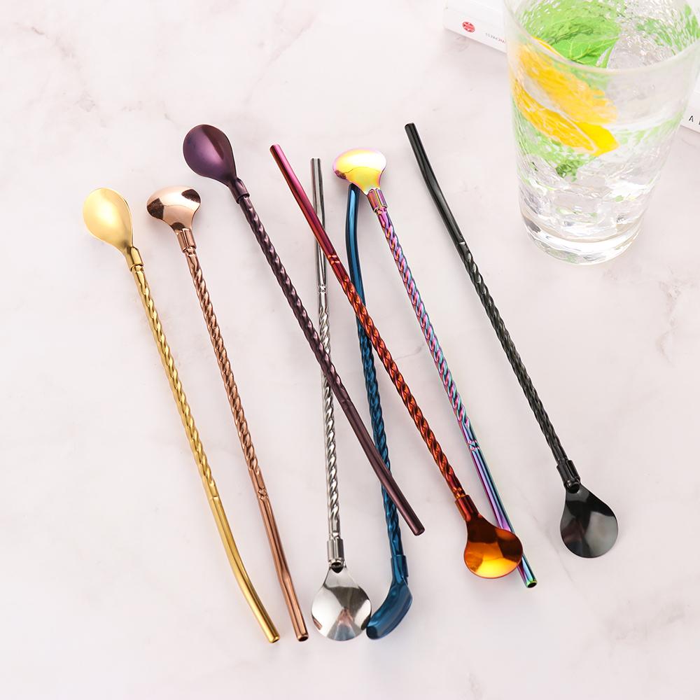 Home Metal Bar Tea Reusable Stainless Steel Straws Spoon Coffee Spoons Drinking Straw