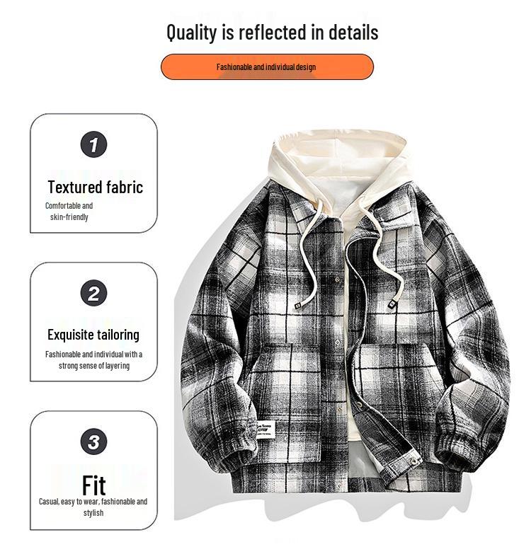 2025 Autumn Men's Retro Plaid Hooded Fake Two-Piece Casual Jacket