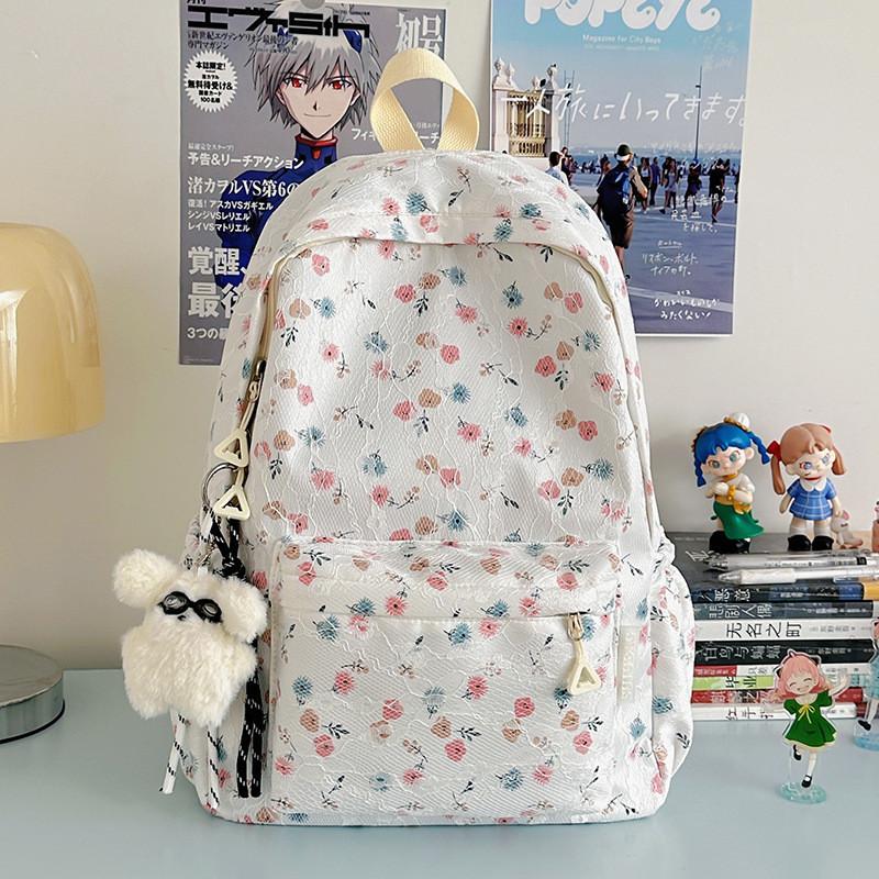 Floral Cute Pattern And Lace Design Student Backpack With Plush Pendant For Girl