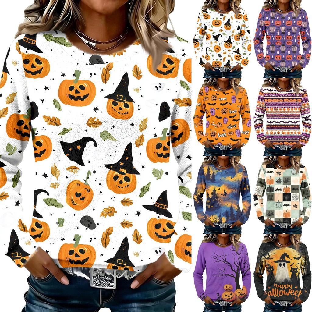 Women's Long Sleeve Flannel Top with Halloween Print for Fall Holiday