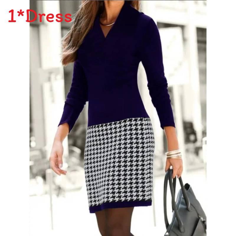 Elegant Polyester Knit Long Sleeve Vneck Patchwork Dress For Winter