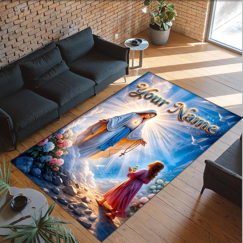 Virgin Mary Theme Crystal Velvet Rug Personalized Custom Name Text Soft Floor Mat Home Decor