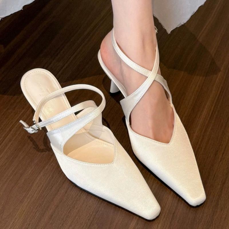 Mid Thin Heels Wedding Shoes For Bride Women's Pionted Toe Pumps 2025 New Style Cross Strap Party Satin Prom Dress Women Sandals