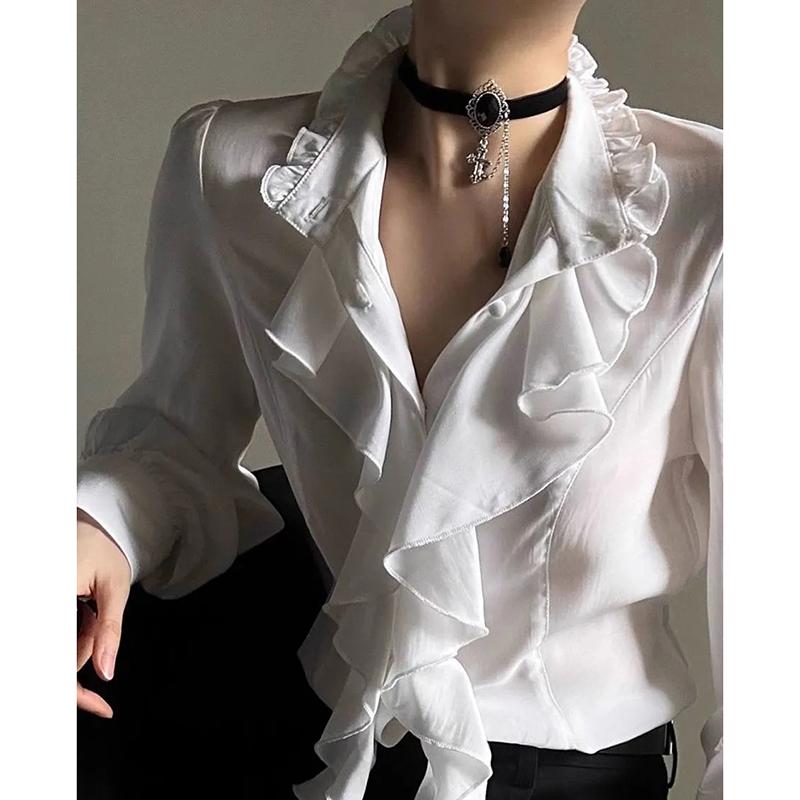 Dunkle Japanische Viktorianische Vintage Gothic Bluse Schwarz Laternenärmel Rüschenhemd Harajuku Y2K Punk Streetwear Cosplay