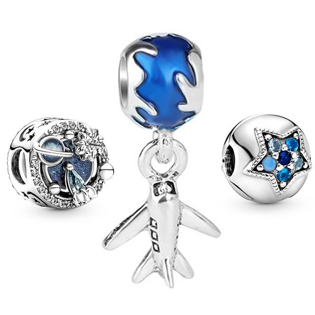 3pcs /Lot Blue Enamel Globe Charms Beads Star Pendant Fit Diy Brand Charm Bracelets Necklaces For Women Fashion Jewelry Making