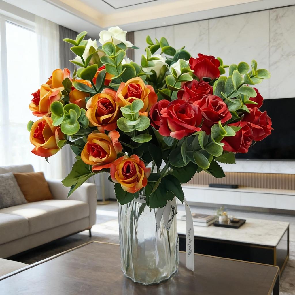 Künstlicher 5-Zweig-Rosen-Eukalyptus-Strauß für Heimdekoration und Foto-Requisiten