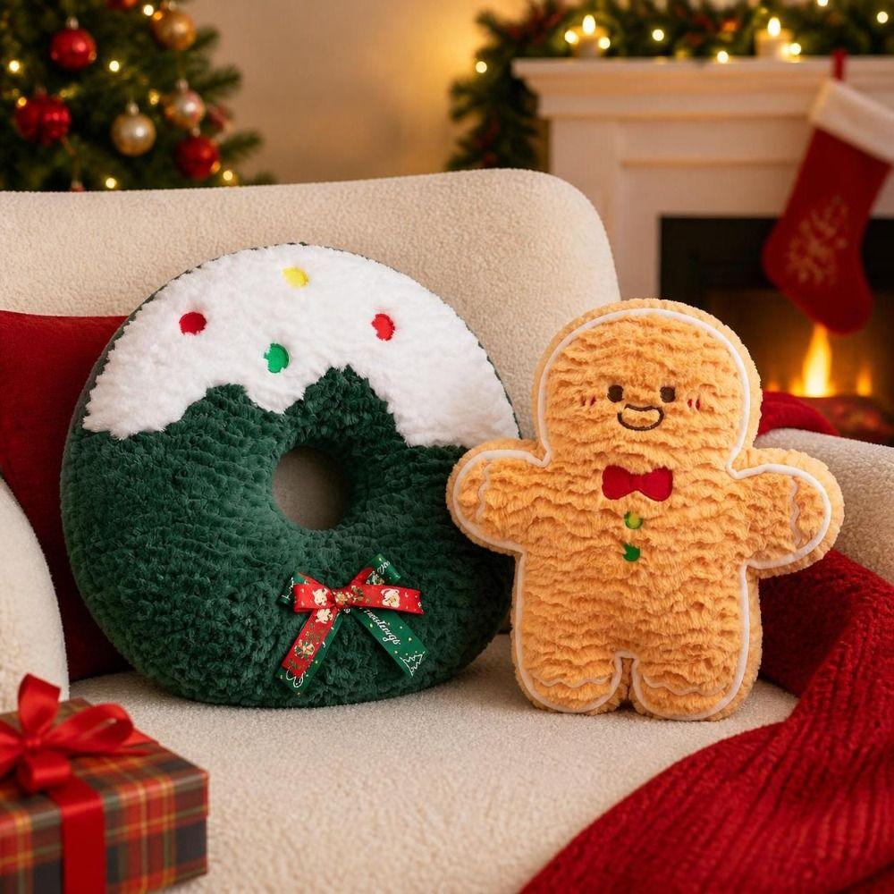 Soft Stuffed Gingerbread Man Cushion Seasonal Pattern Tree Pillow Cute Waist Cushion Home Decor