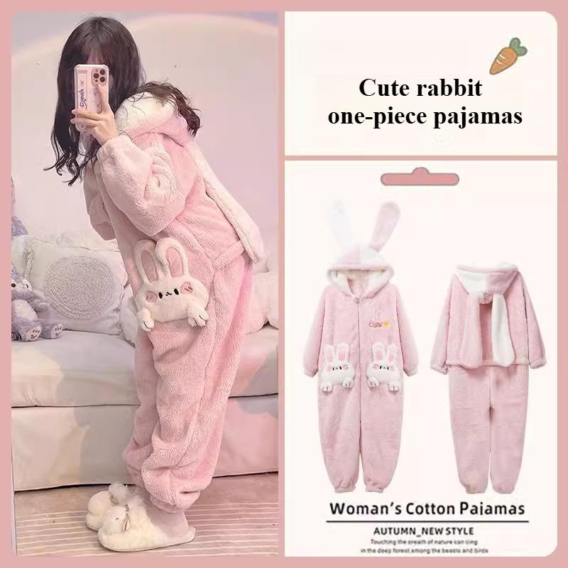 Winter Soft Girl Rabbit Pajamas Thickened Coral Fleece Cute One-piece Pajamas Girl Cartoon Ins Loungewear Nightgown