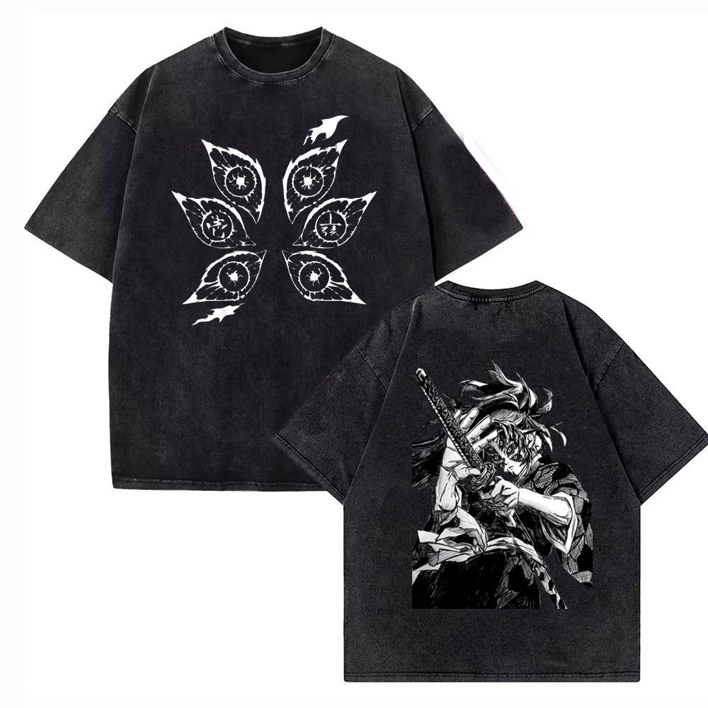 Demon Slayer Blade Charcoal Jiro Extra Large Retro Washed Mens Tshirt Summer New Style Suitable for Both Men and Women