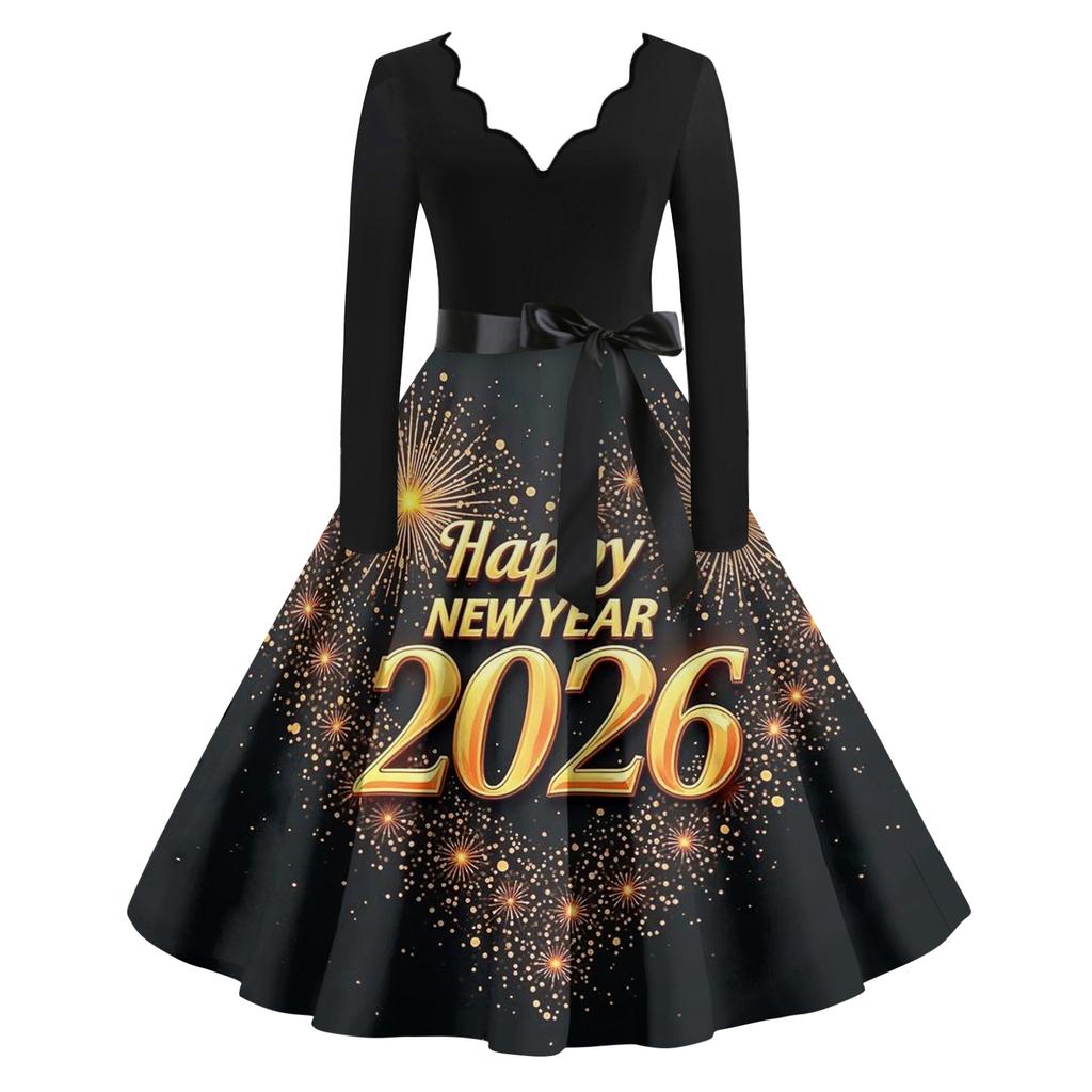 Γυναικείο Casual Μόδα Πρωτοχρονιάτικο Φόρεμα με V Λαιμόκοψη και Vintage Εκτύπωση