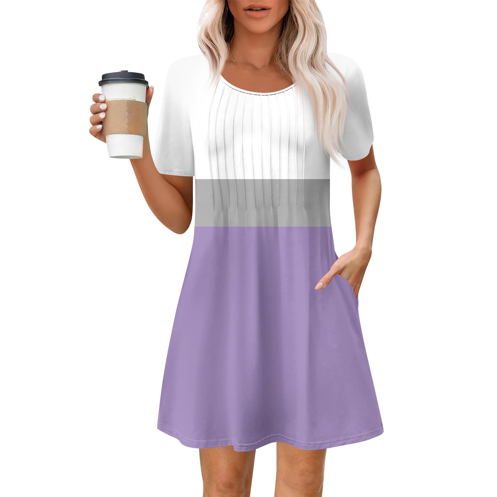 

Женское летнее платье свободного покроя для пляжного отдыха, сарафан с коротким рукавом и круглым вырезом, с карманом, с коротким рукавом, платье-рубашка XXL фиолетовый