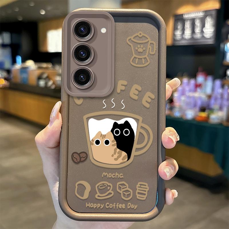 Cute Coffee Cat Cartoon Phone Case For Samsung Galaxy A36 A35 A34 A33 A32 5G A31 A30 A24 A23 A22 A16 A12 A50S M55 Silicone Cover