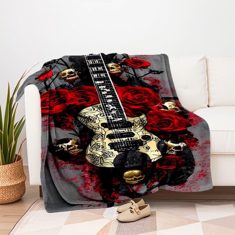 Gothic Skull Roses Electric Guitar Art Print PosterBlanket Flannel Throw Blanket for Sofa, Bed, Travel, Camping, Office