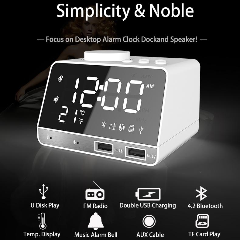 Home Decor Table Clock Alarm Clock Speaker With 2 USB Ports Bluetooth 4.2 Radio LED Digital Alarm Clock