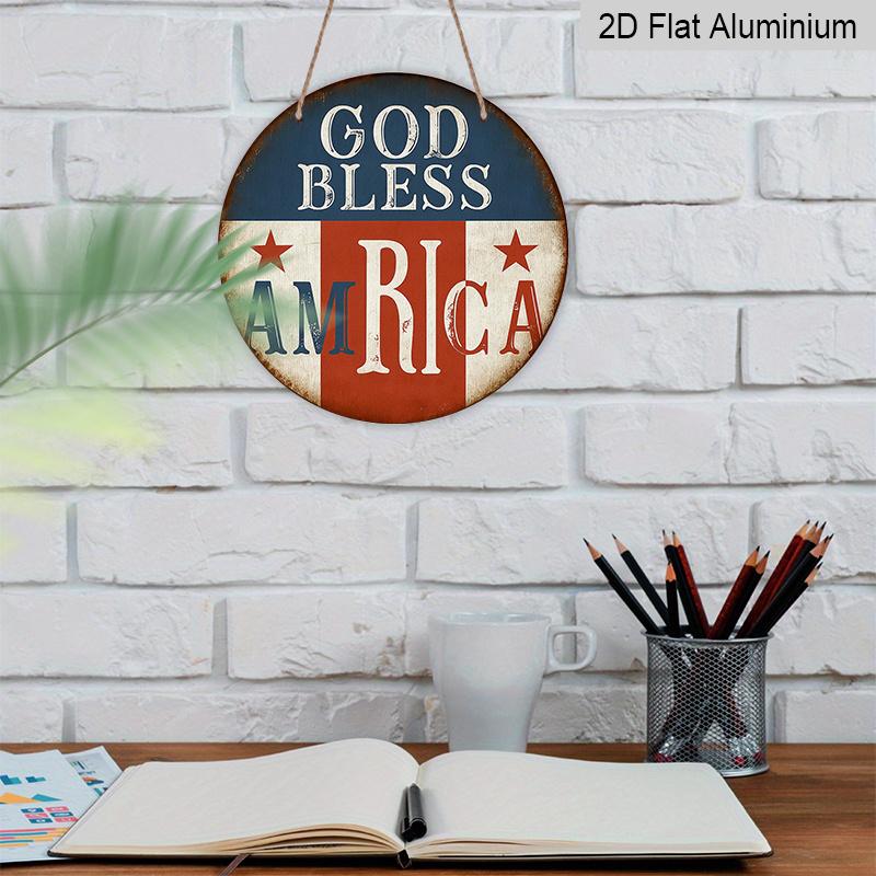 1pc 2D Flat, Round French Aluminum Sign, "God Bless America" Vintage Decorative Plaque, "American Flag" Decorative Sign, Suitable for 4th of July