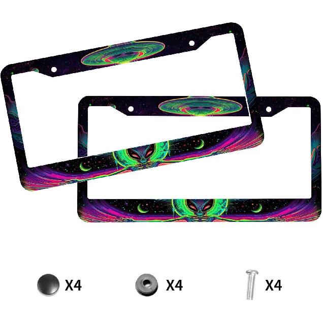 Neon Alien License Plate Frame 2 Pack UFO Outer Space Planet Galaxy Car Front License Plate Personalise License Plate Frames Rust-Proof Stainless