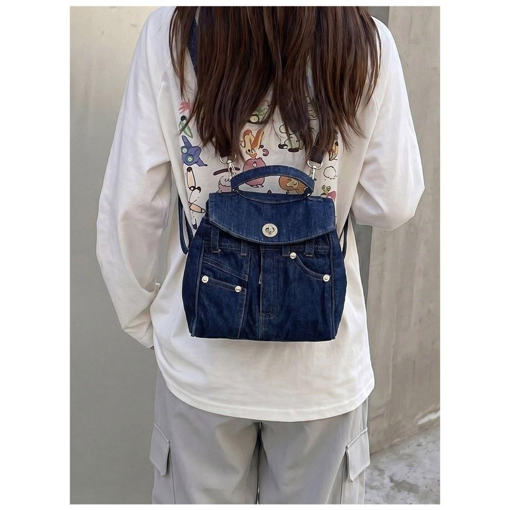 Women Vintage Multi Pocket Denim Backpack with Adjustable Strap for Daily Commute