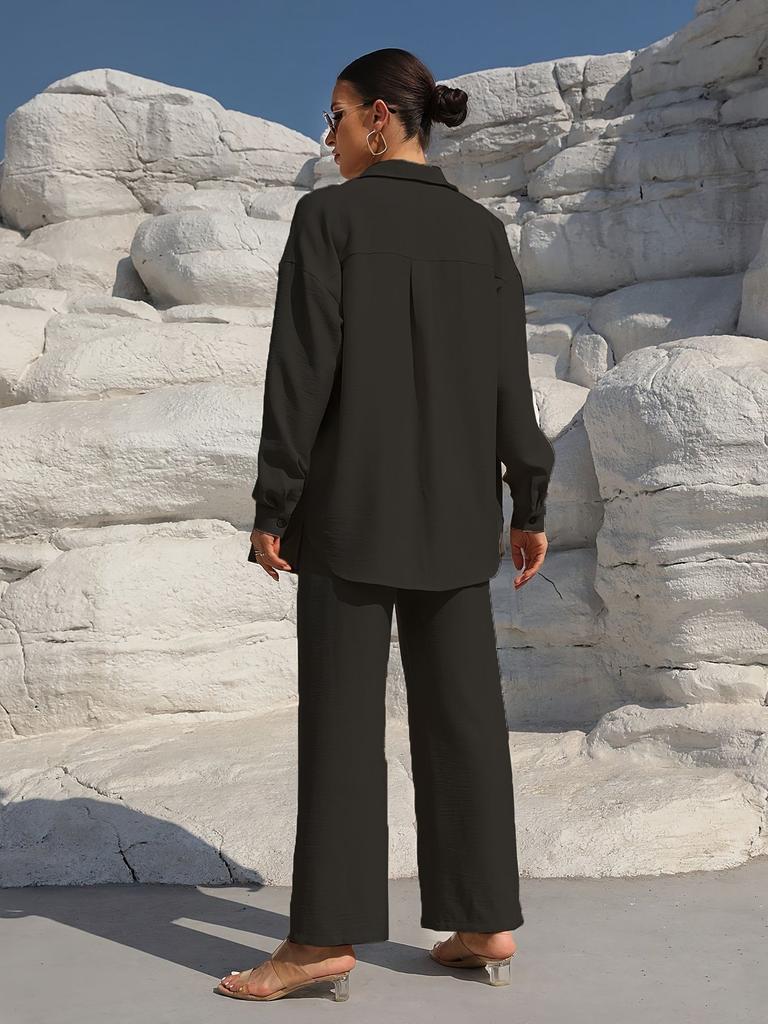 Women's Long Sleeve Shirt and Wide Leg Pants Suit Set