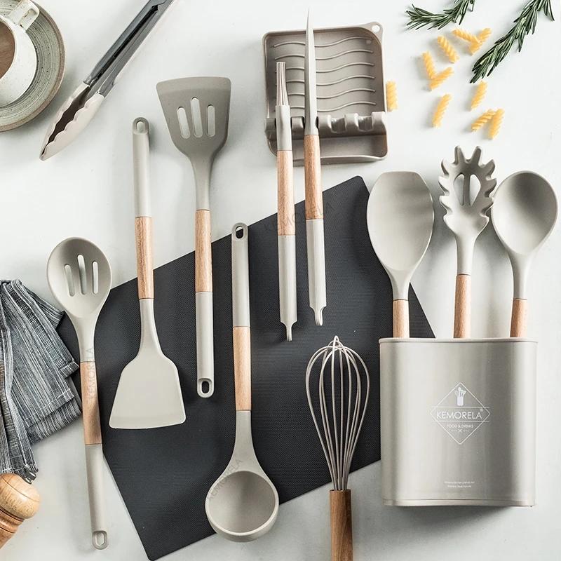 10/13 PCS Silicone Kitchen Cookware High Temperature Resistant Non-Stick Wooden Handle Spatula Baking Tools Cookware Set