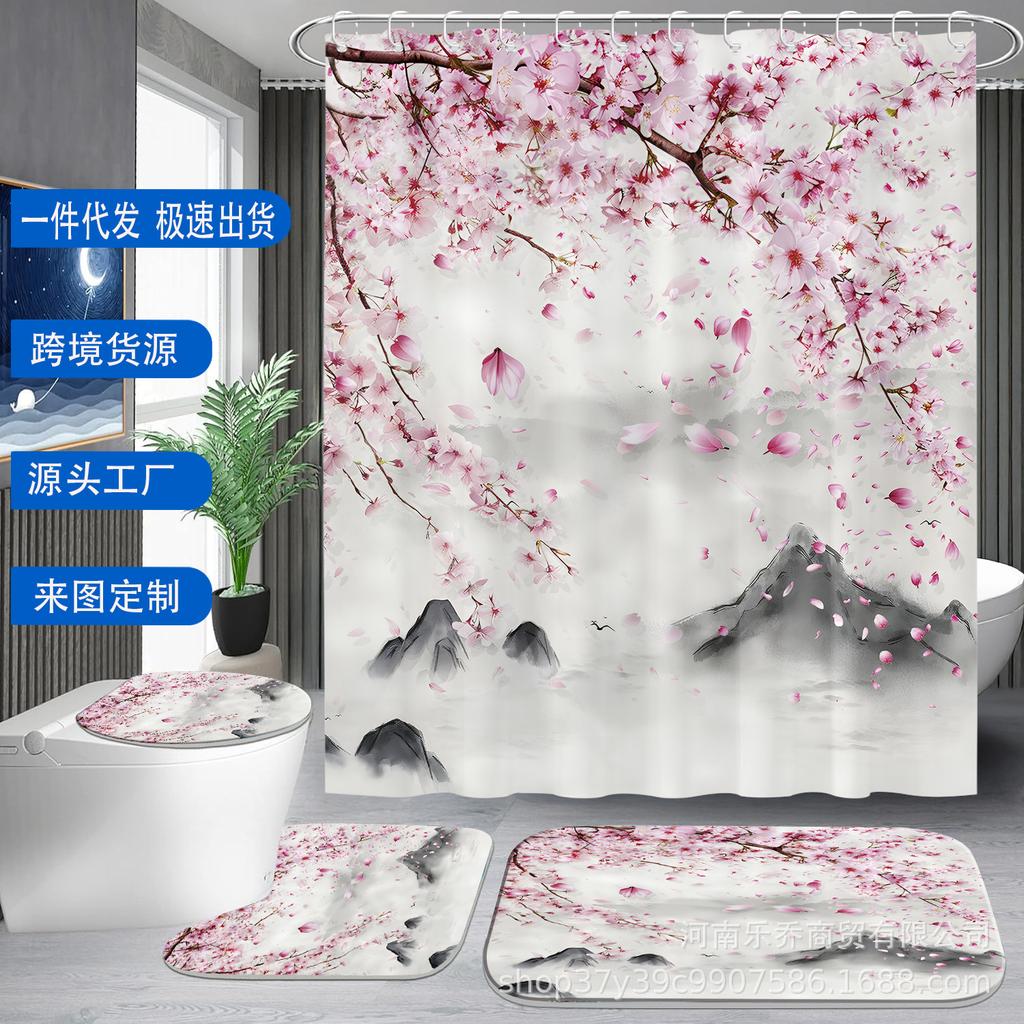 Exquisite Peach Blossom Shower Curtain Set - Water-Resistant & Quick-Drying, Includes 4 Pieces