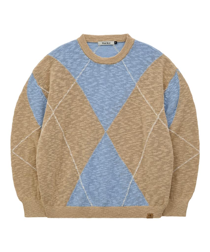 WAIKEI Big Argyle Boucle Knit Sky Blue