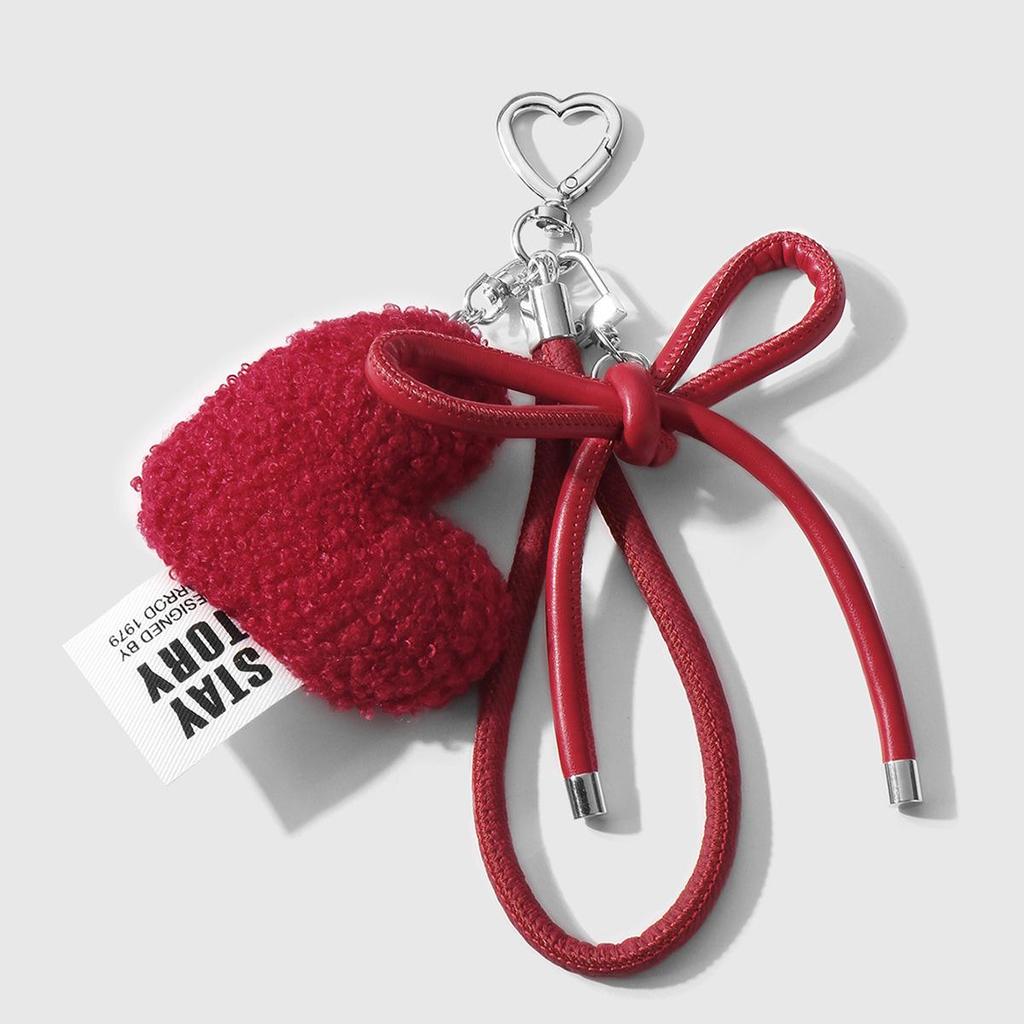 Versatile Multi-Color Leather Bow and Plush Heart Keychain Charm