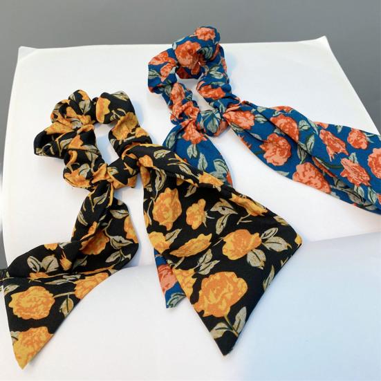 Hair Tie Floral Print Long Ribbon Chiffon Fabric Hair Rope Easy to Wear Bun Half-Tied Hairstyles Ponytail Holder Hair Accessory