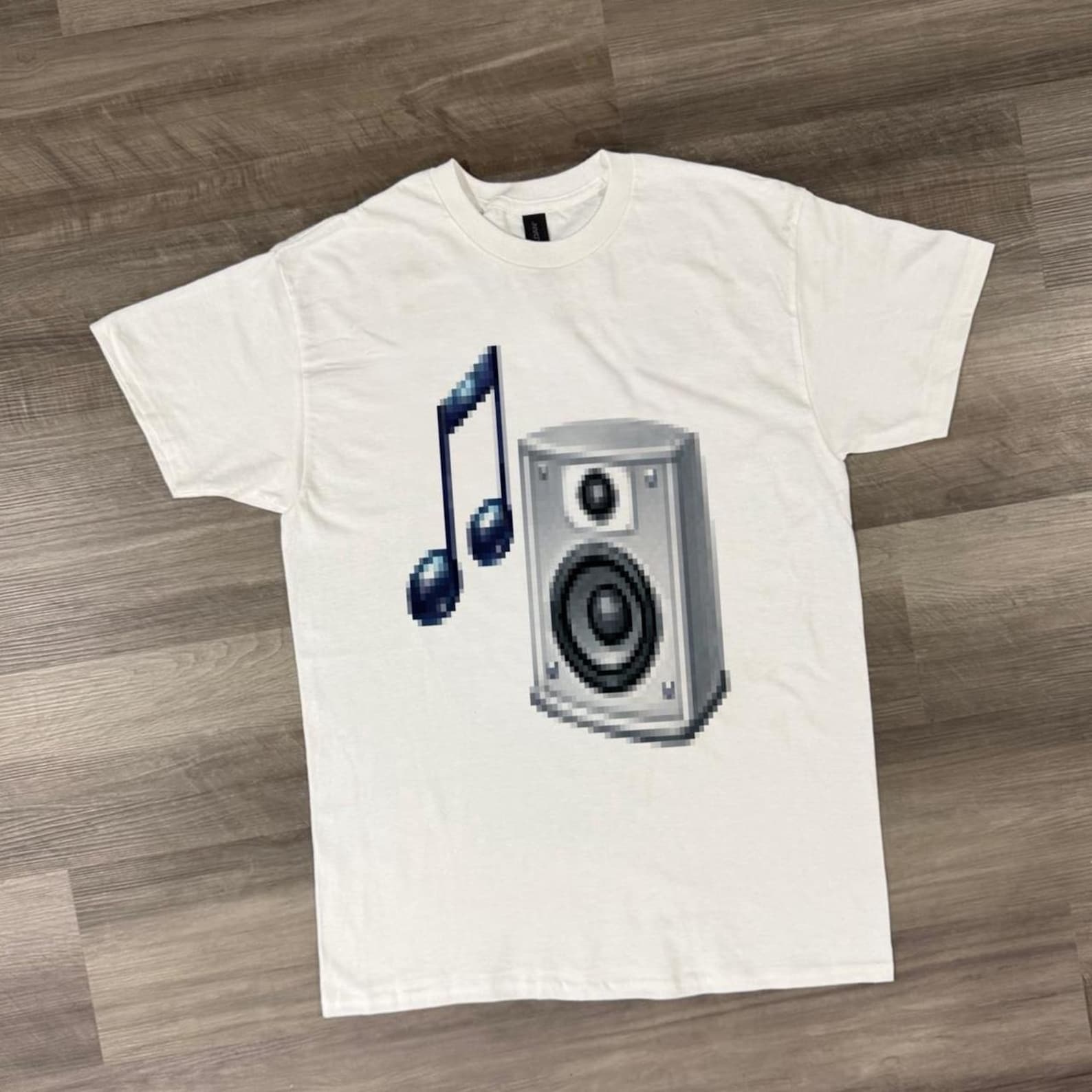 Retro music graphic tee, Music Note & Speaker Tee, Retro Pixel Audio Graphic T-Shirt, Pixel Art Speaker Shirt, Y2K Music Graphic Tee 4XL