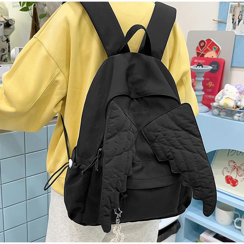 Cute Angel Wings Quilted Backpack Fashion Nylon School Bag Stylish Embroidered Pattern Casual Backpack Spacious Daily Travel Bag