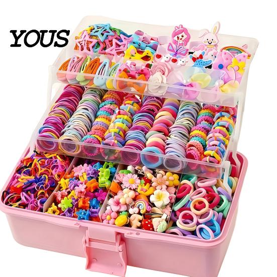Elastic Fabric Hair Ties Colorful Bands Clips Mini Claw Rubber Versatile Kit with Box for Girls Teens Children, Accessories Daily Styling Everyday