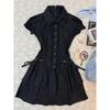 Small Dress Summer Lace Edge Splicing Blue Retro Shirt Dress Vintage Skirt