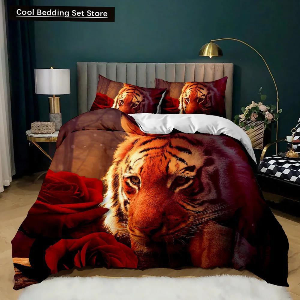 Tiger Duvet Cover Set Red Rose Flower Comforter Cover Boys African Safari Wild Animals Big Cat Queen King Polyester Qulit Cover