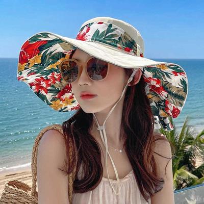 Women's Extra Wide Brim Beach Sun Hat, Summer Fashion Printed Ribbon Sun Cap, UV Protection Foldable Breathable Hat